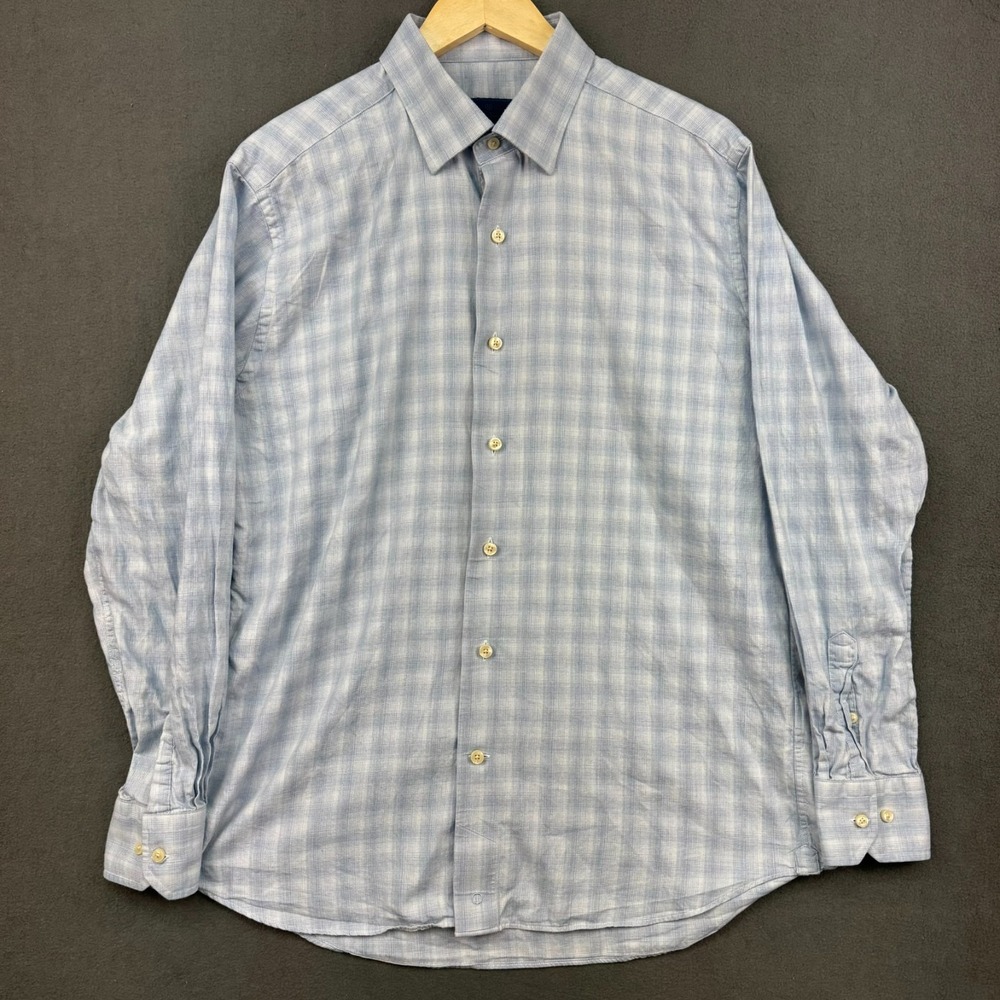 David Donohue Shirt Mens Large Blue White Gingham Long Sleeve Cotton Soft Casual